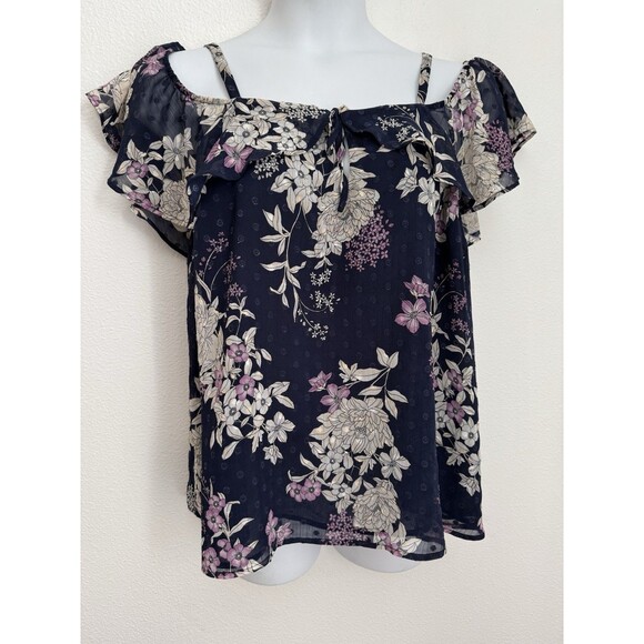 Torrid Cold Shoulder Blouse Plus 1X Blue Floral Ruffle EUC Office Travel Boho - Picture 1 of 8